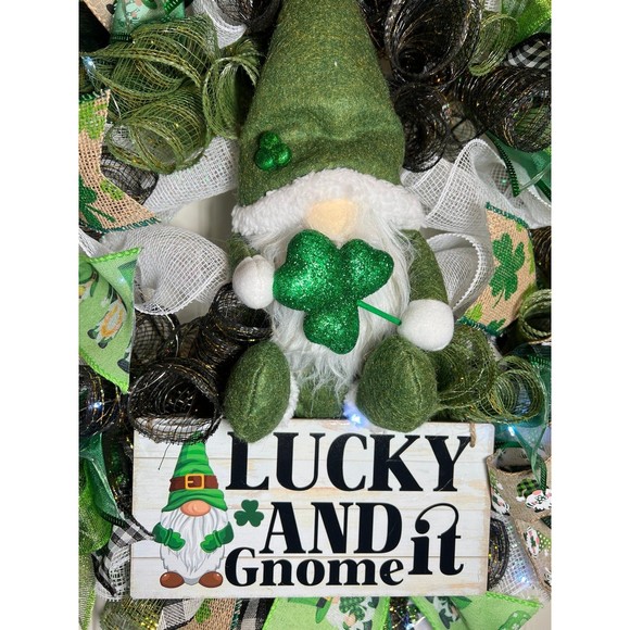 Handmade St. Patrick’s Day Lucky and Gnome it Ribbon Prelit Wreath 22 in LED W15 - Picture 4 of 12